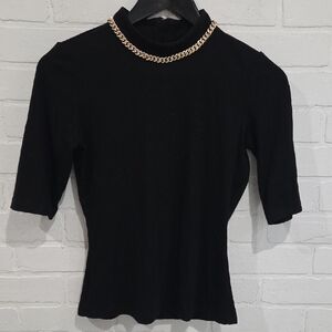 Generation Love Black Short-Sleeve Mock Neck Top with Gold Chain